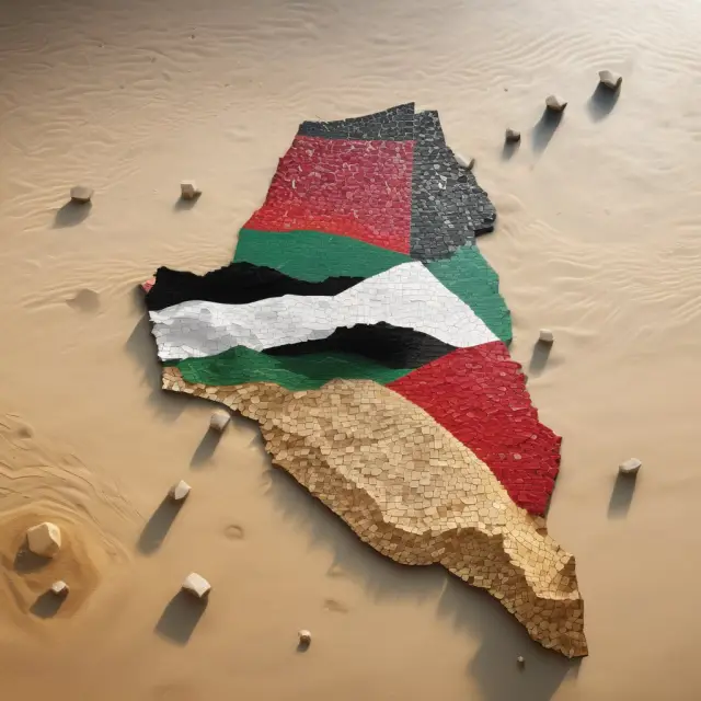 An image of oil drops forming the mosaic of Arab flags on a desert map, illustrating OAPEC