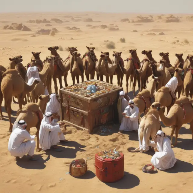 Ten Arabian camels form a protective circle around an ornate chest, symbolizing OAPEC and its member countries protecting petroleum reserves