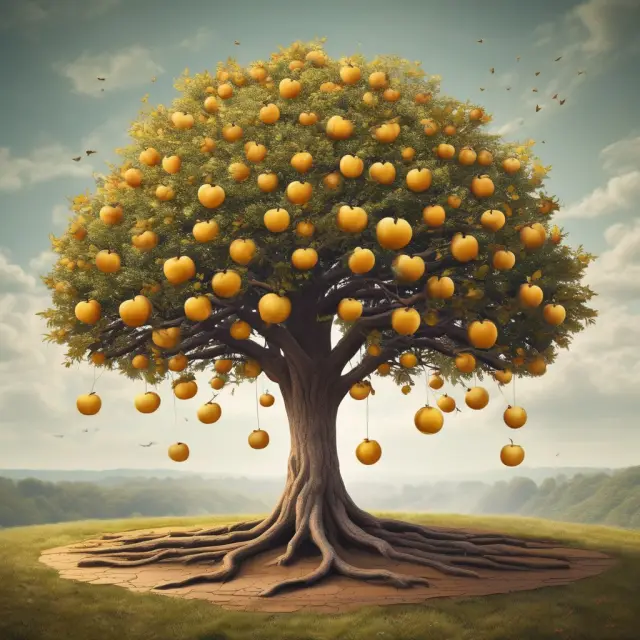 Golden apples on a tree illustrating Old-Age, Survivors, and Disability Insurance benefits. Seasons passing represent various eligibility criteria.