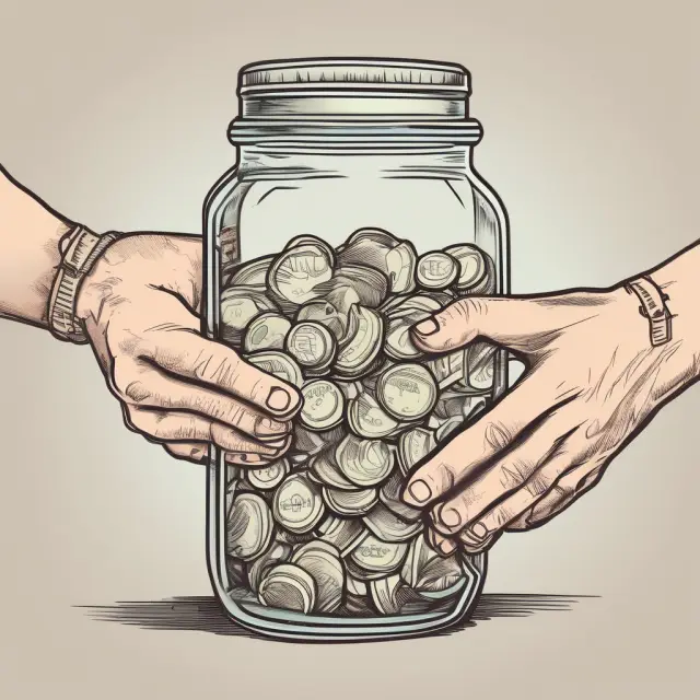 Two hands exchange coins, representing workers and employers, into a Social Security jar