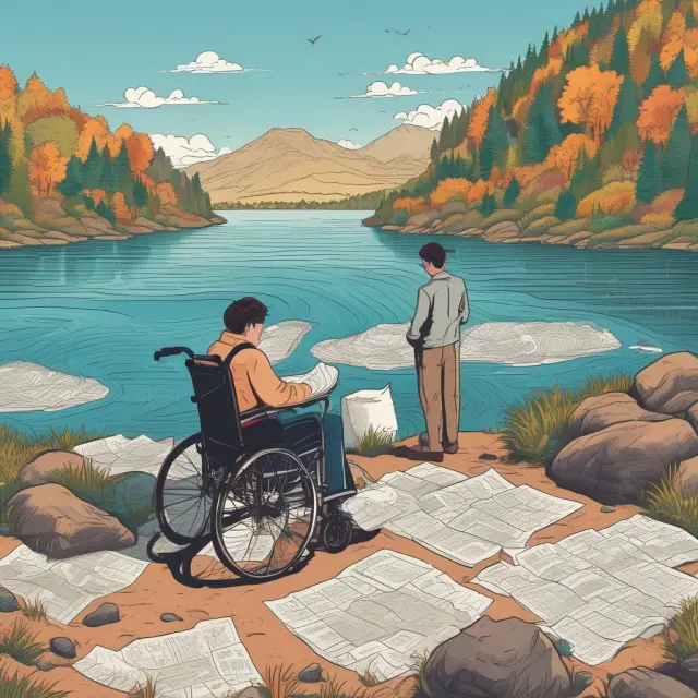 Person receiving disability benefits sailing on a wheelchair through a river of medical records to reach the shore where the disability benefits lake awaits them