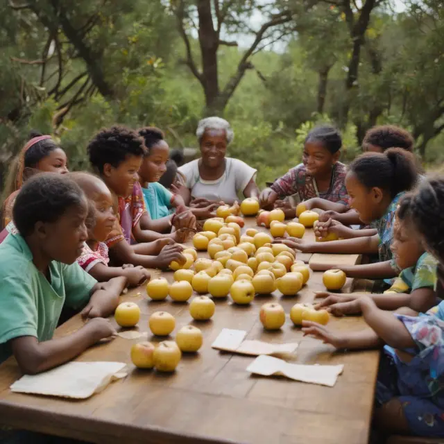Widow and children receive golden apples symbolizing OASDI survivor benefits. Apples represent eligibility, amounts, and long-term security.