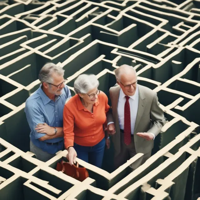 A retired couple deliberating over various options in a Social Security benefits maze, assisted by a financial advisor