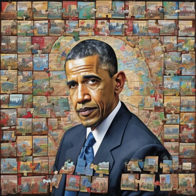 An image featuring various pieces of the Obamanomics puzzle in motion, representing key policies and debates during Obama