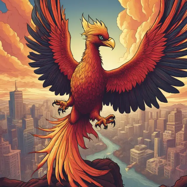 A mythical phoenix rising from economic ashes, representing Obama