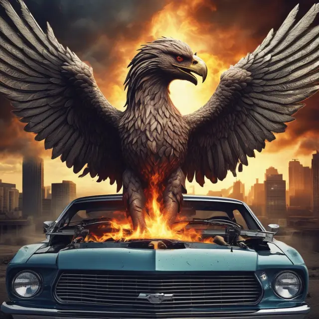 Phoenix rising from an auto engine, representing the U.S. automobile industry