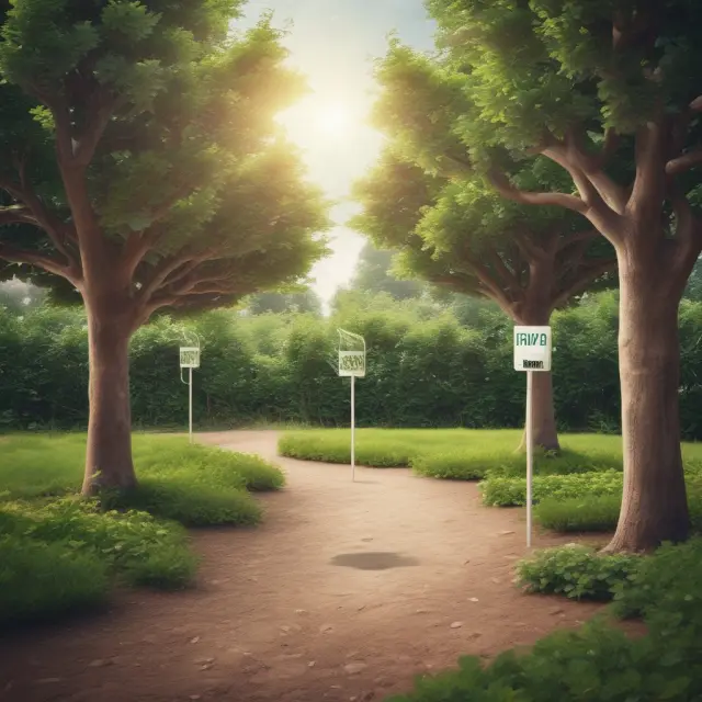 An eco-friendly garden comparing the energy-consuming Proof-of-Work (PoW) tree with the resourceful Proof-of-Stake (PoS) tree, symbolizing their environmental impact on blockchain consensus.