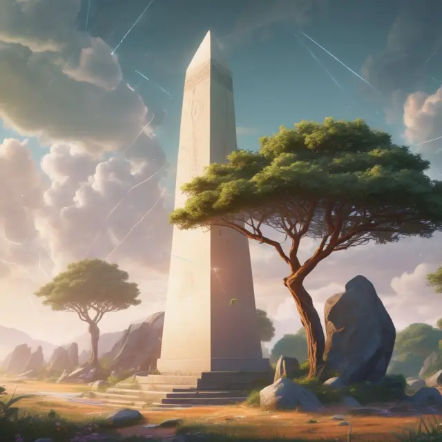 An Obelisk tree providing shelter to a network of interconnected nodes, illustrating trust and consensus within Skycoin