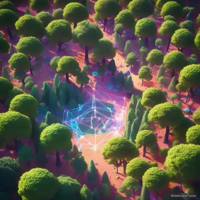 Obelisk nodes forming a web-of-trust network in an interconnected forest, representing decentralization and security
