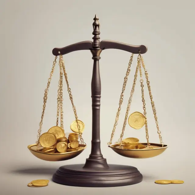 A set of scales with gold coins representing current finances, and a pile of future obligations, such as mortgages and healthcare costs, indicating long-term planning