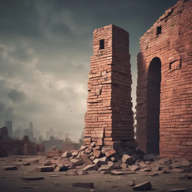 A collapsing tower symbolizing failed financial responsibilities, including repossession, taxes, and bankruptcy