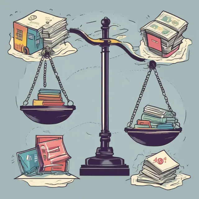 A set of scales tipped towards assets (represented by gold) and debts (represented by coins), with debt ratios, liquidity ratios, and solvency ratios as balancing factors