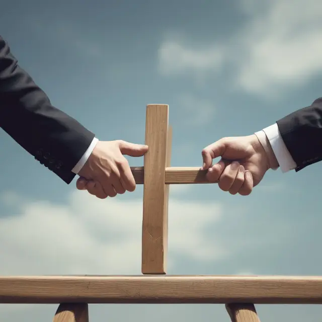 Hands representing insurers and reinsurers balanced on a seesaw, with proportional (quota and surplus share) and non-proportional (excess of loss) contracts illustrated nearby.