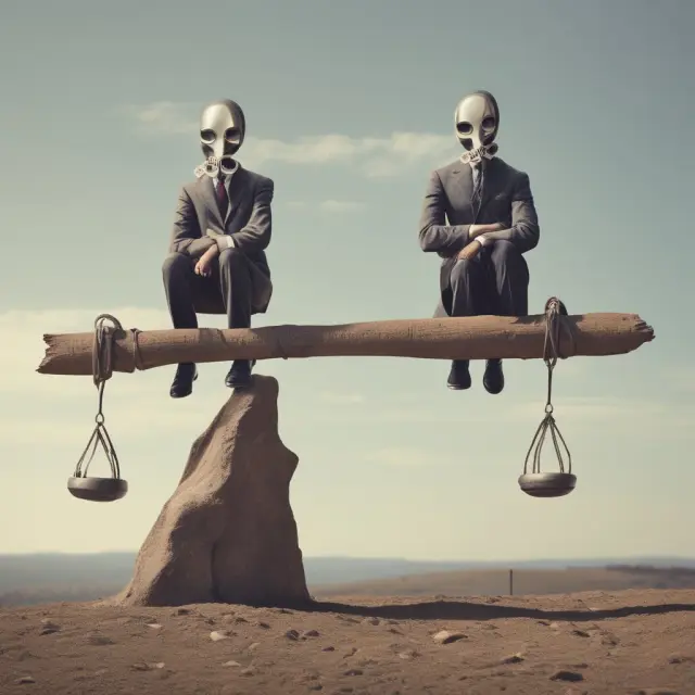 Two masked figures carefully weighing underwriting information to ensure a successful obligatory reinsurance partnership