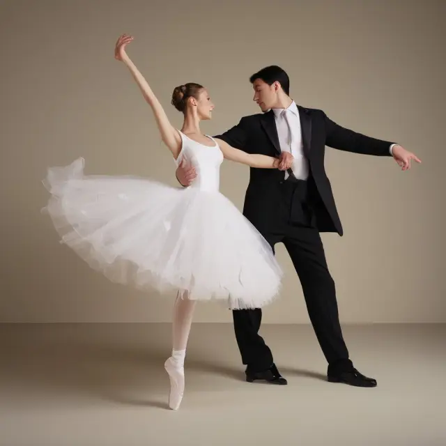 Two dancers gracefully moving in a ballet, representing insurers and reinsurers engaging in an elegant obligatory reinsurance arrangement.