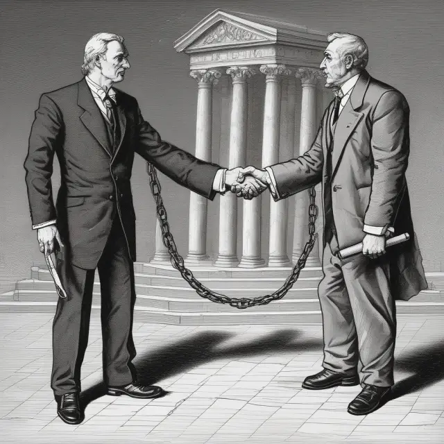 An image of a handshake between obligor and obligee, featuring an obligor with a heavy burdened chest representing financial responsibility, a principal in chains, and a watchful surety company.