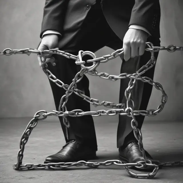 Person in a suit holding a contract, chained to various obligations with a balance scale