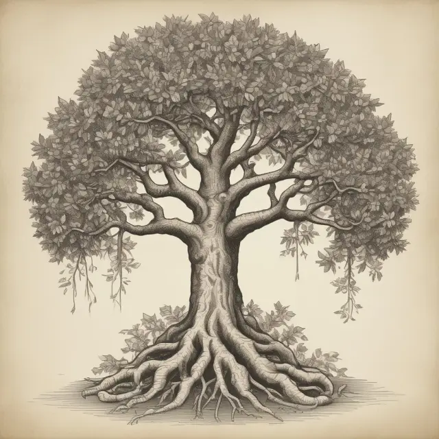 An image of a tree growing from a contract representing financial obligations, bearing fruit labeled 