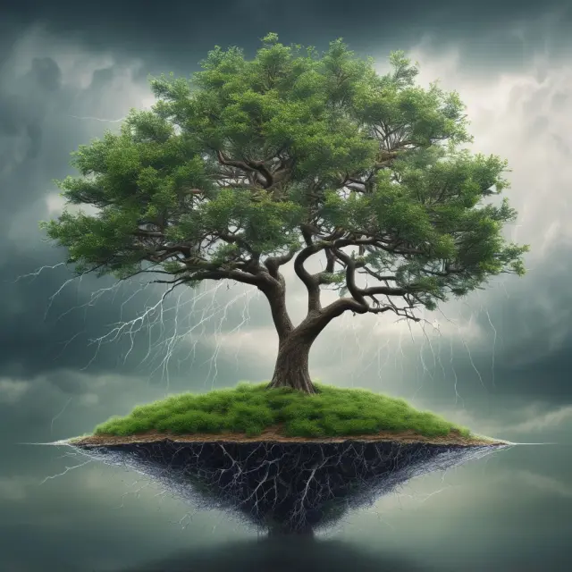 A tree with vibrant R&D branches growing amidst stormy technological winds, symbolizing the importance of continuous investment in innovation to minimize the impact of obsolescence risk.