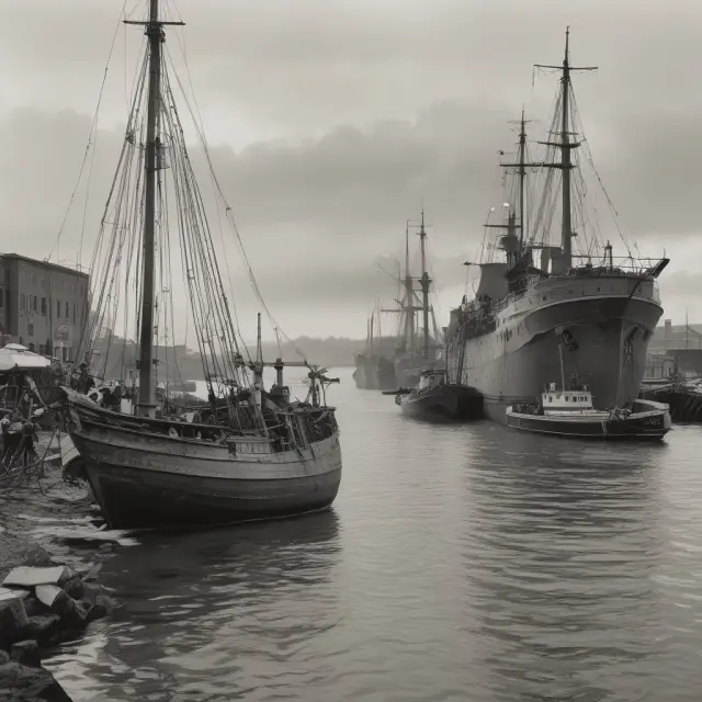An old, outdated ship resting in the harbor contrasts with a modern, advanced boat, symbolizing obsolescence risk and technological uncertainty for businesses