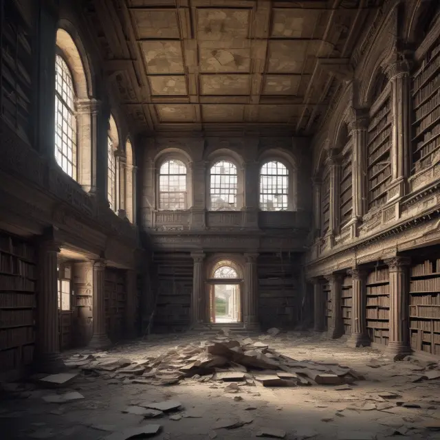 A crumbling library represents obsolete businesses facing modern tech companies in a metaphorical depiction of managing obsolescence risk.