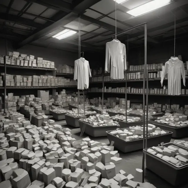A haunting image of spectral inventory items on scales, with debits to expense accounts for write-downs and write-offs, and contra asset credits.