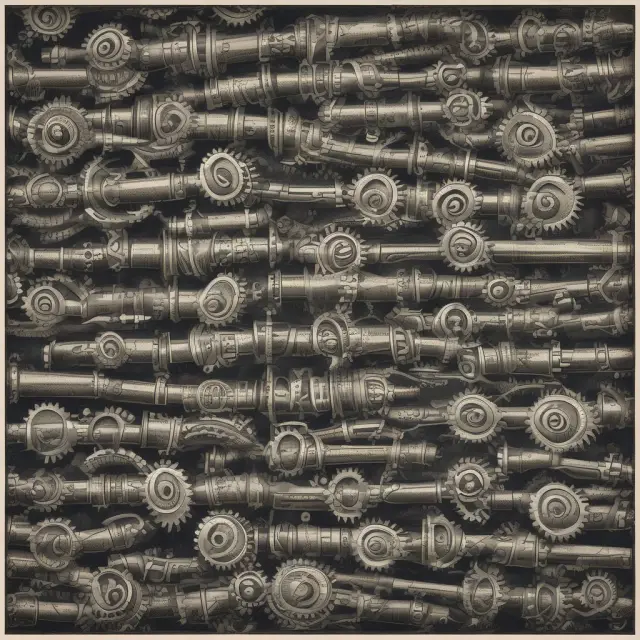A vintage conveyor belt carries old gears through a modern factory, symbolizing effective obsolete inventory management.