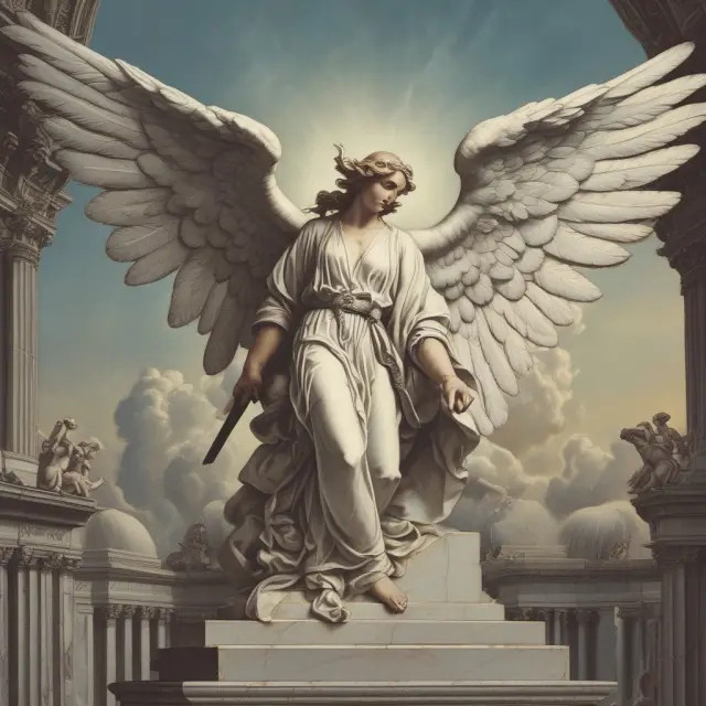 An angelic figure in the form of the OCC protectively holding a scroll labeled