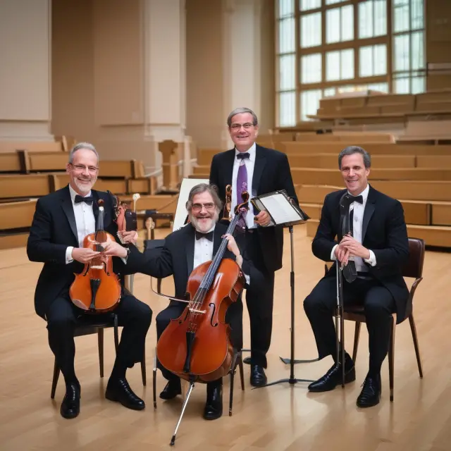 Three executives, symbolizing Craig Donohue (conductor), John Davidson (violinist), and Scot Warren (cellist), leading the Options Clearing Corporation towards growth and innovation.