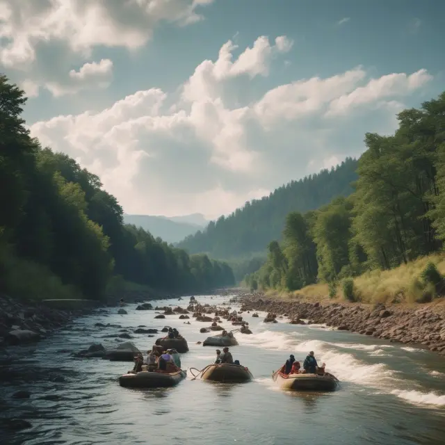 Workers flowing through a river, symbolizing their transitions between industries, with an economy flourishing on the banks