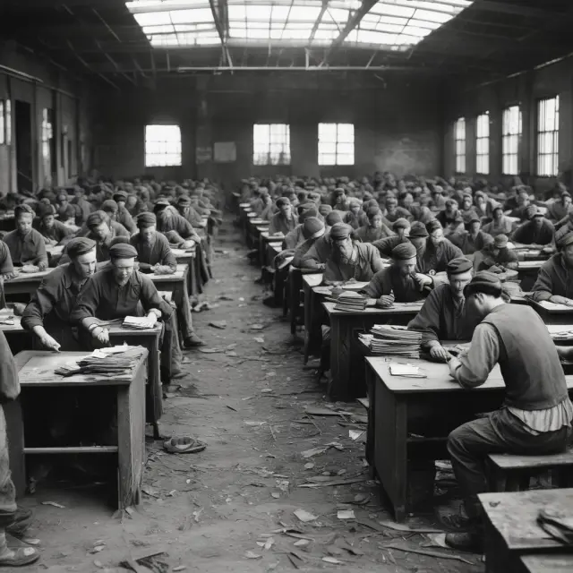 A stream of factory workers moving through the pages of a historical book, symbolizing occupational labor mobility throughout different eras.