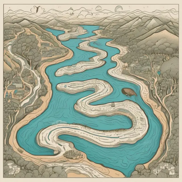 An undulating river flowing through diverse economic landscapes: education & skill development, technology, economic conditions, regulations