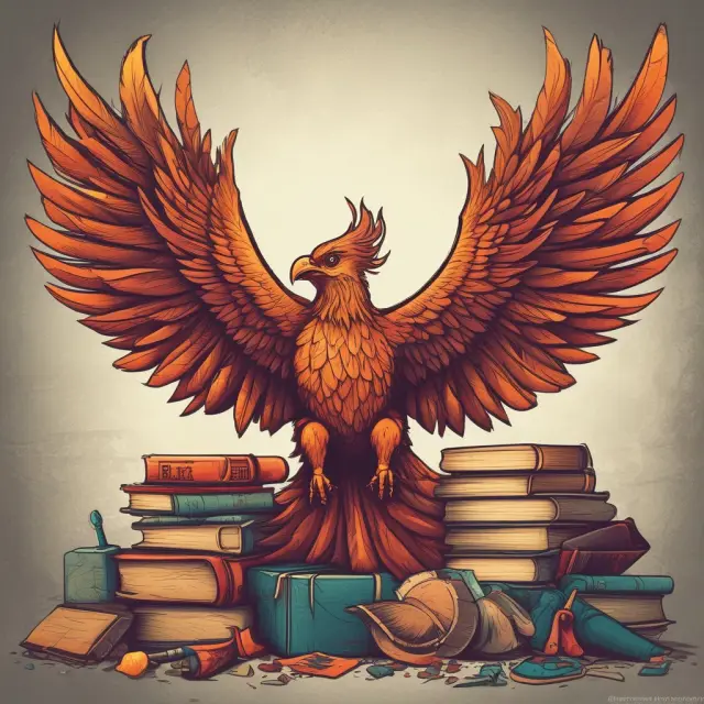 Phoenix emerging from a pile of books and tools, representing personal development through education and training.