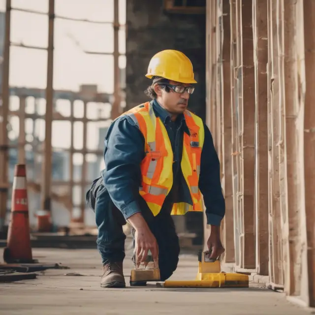 An OSHA agent inspecting a factory floor with violations marked by red x