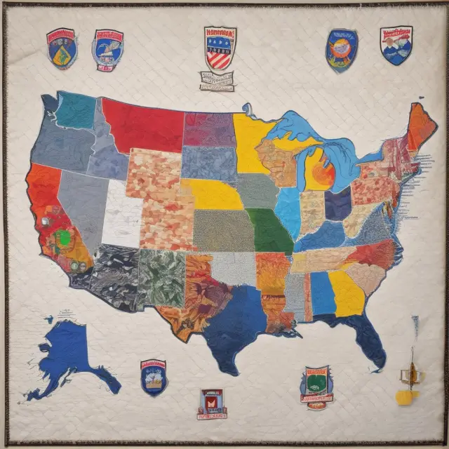 Protective shields representing state agencies upholding OSHA standards form a quilted map, symbolizing consistent workplace safety nationwide