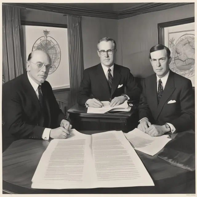 Three hands representing shipper, carrier, and receiver signing the ocean bill of lading against a backdrop of waves and shipping vessels