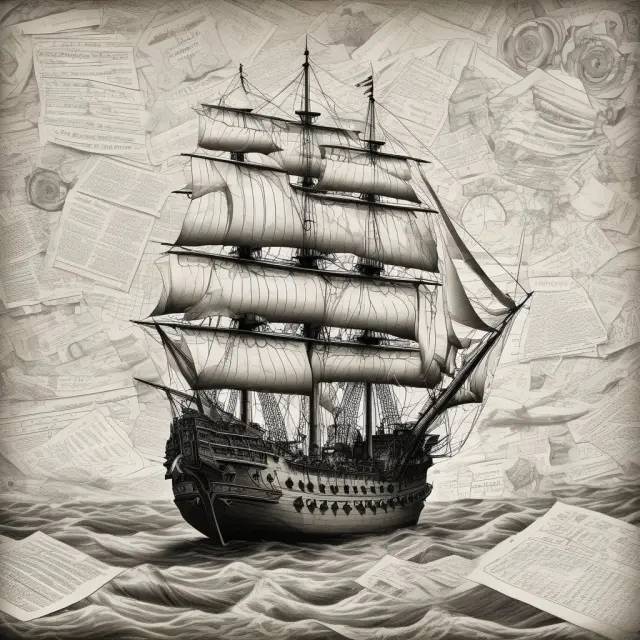 A sailing ship sails through a digital sea with ocean bills of lading documents floating around, symbolizing the digitization and simplification of ocean bill of lading management.