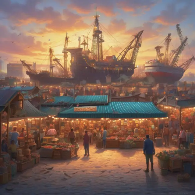 An image of a bustling seaside market with merchants exchanging documents atop waves, symbolizing the importance of ocean bills of lading in international trade.