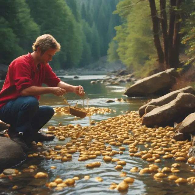 A person separating golden nuggets from a riverbed, representing the meticulous process of choosing strategic investments for financial gain
