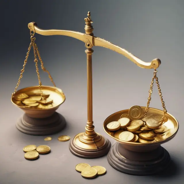 Golden scales with one scale weighing coins representing operating cash flow ratio and the other scale holding current assets illustrating current ratio.