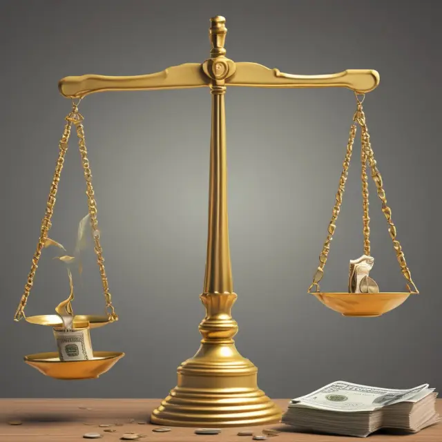Golden scale with cash flow statement balanced against current liabilities, depicting financial stability.