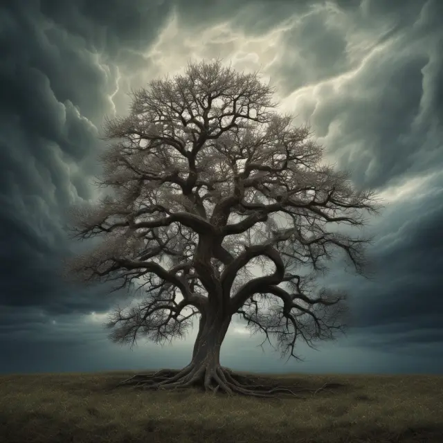 An image of October storm clouds surrounding a resilient tree, representing the October effect