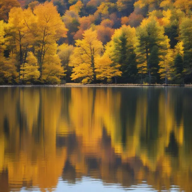 Calm lake reflecting golden autumn trees, debunking the October effect myth