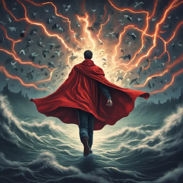 An investor exploring risks in the October effect, depicted as a stormy sea with stocks, while utilizing psychological understanding for effective risk management.