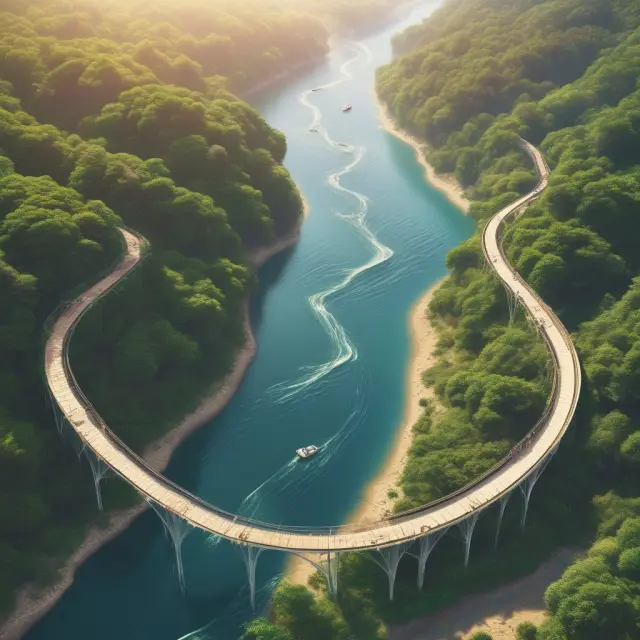 Two winding rivers symbolizing OEICs (single river) and unit trusts (two intertwining rivers), highlighting differences in pricing structures and investor benefits