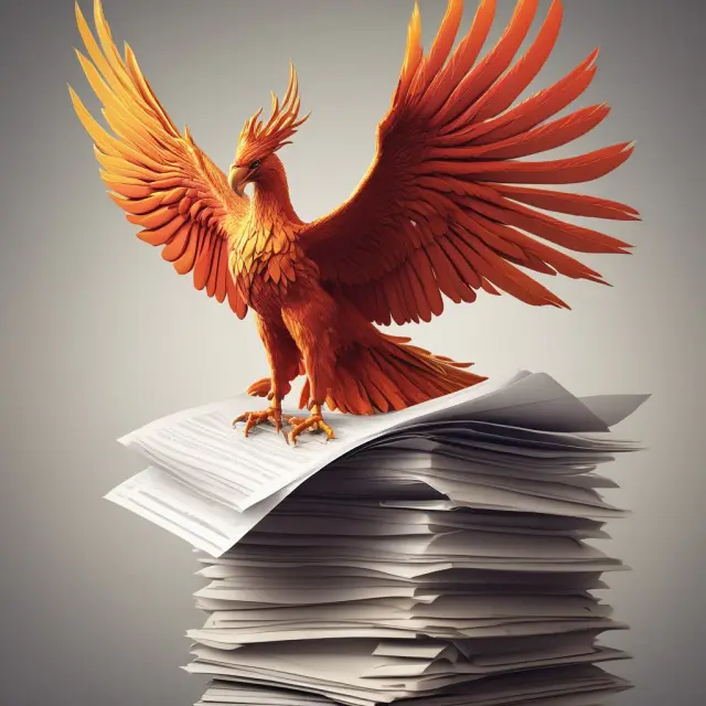 A Phoenix rising from a pile of investment papers, illustrating the process of starting and growing an investment portfolio.