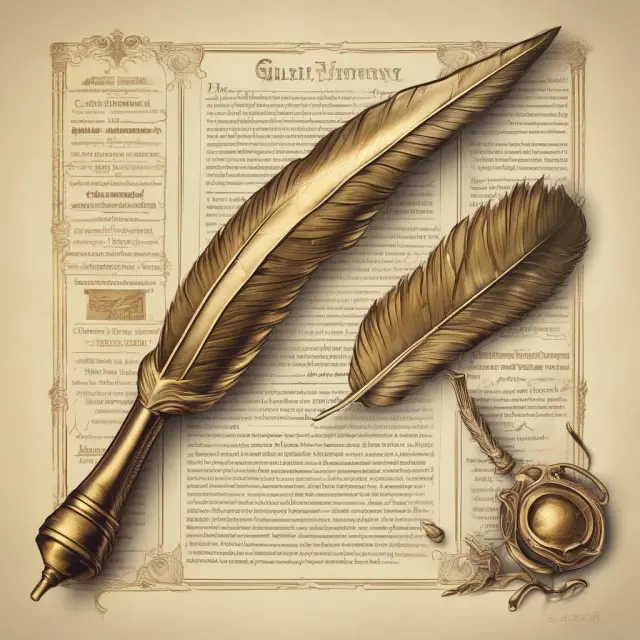 A collection of golden quills penning answers to frequently asked questions about Open-Ended Investment Companies (OEICs) on ancient parchment scrolls