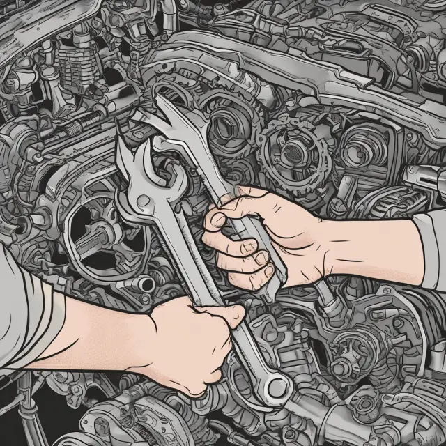 Two hands comparing OEM parts (crown) and aftermarket parts (wrench) over a car engine