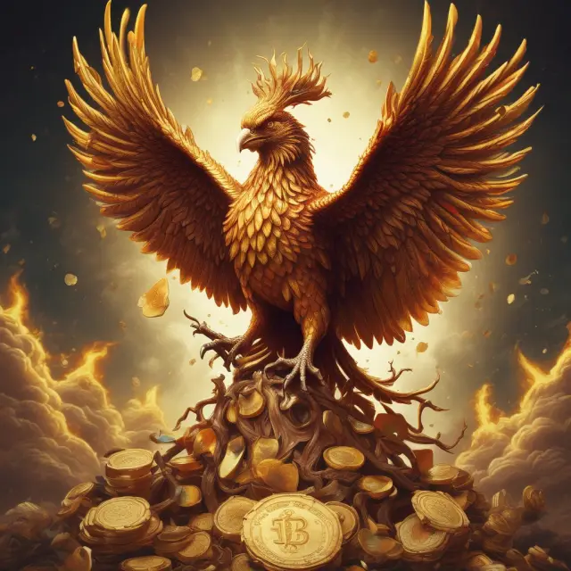 Golden Phoenix wearing a wreath of 100 golden coins, representing the S&P 100 Index and its significance in U.S. financial markets