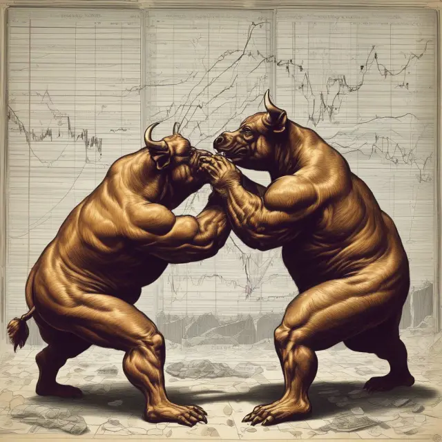 An illustration of an OEX bull and bear figuratively wrestling for control over a stock market index, representing the comparative differences between trading index and individual stock options.